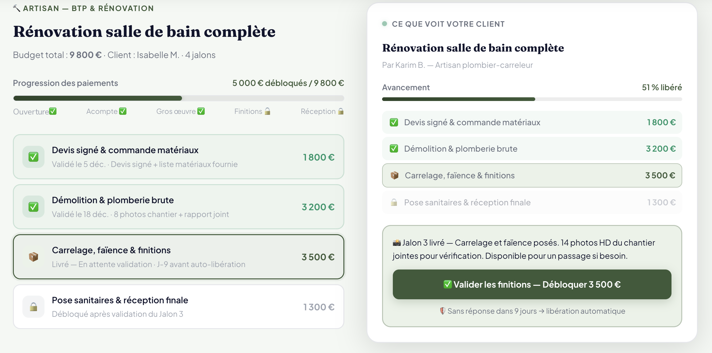 Suivi de jalons pour un artisan du BTP sur CertiPay