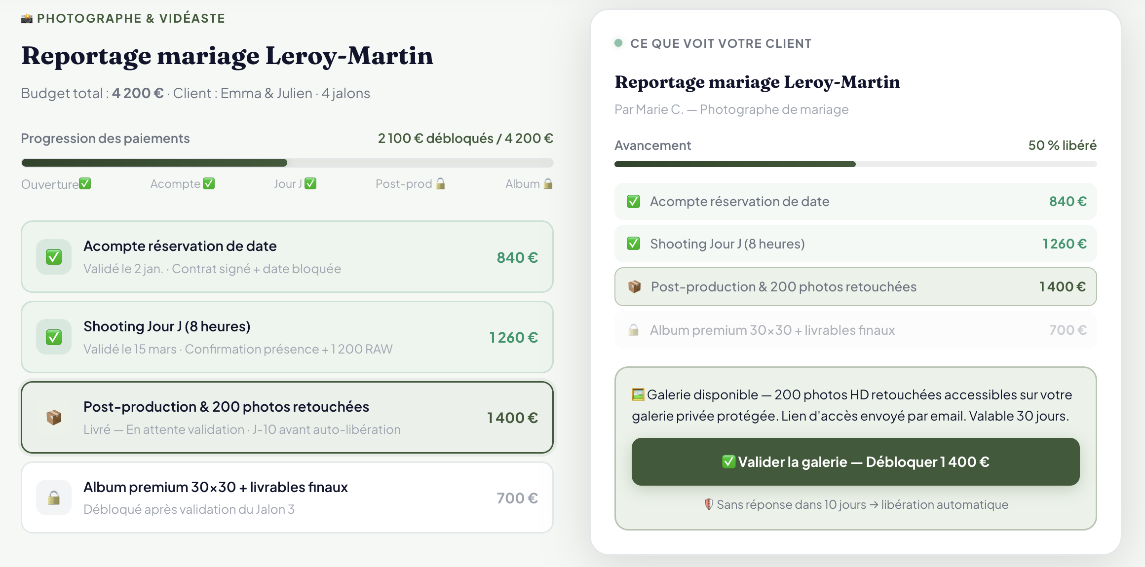 Suivi de jalons pour un photographe sur CertiPay